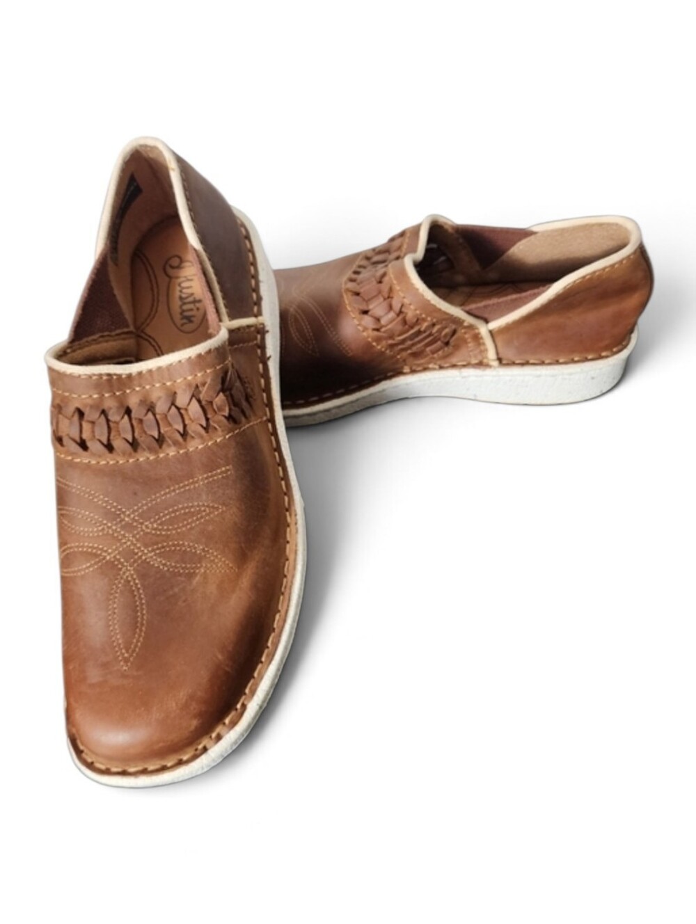 Justin Brown Leather Western Slip On Loafers Floral Stitch Woven Casual Size 8